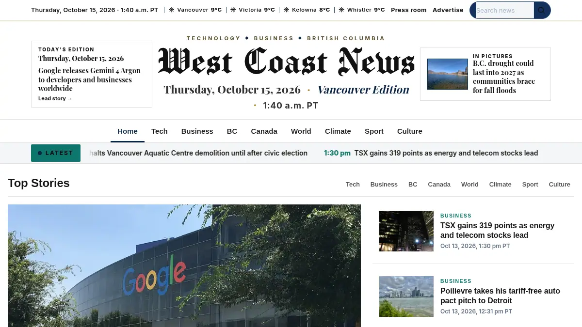 West Coast News front page redesign on /west-coast-news