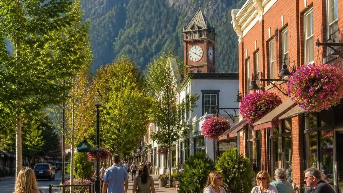 A sunny downtown street with hanging flower baskets, a clock tower, patios and mountains behind