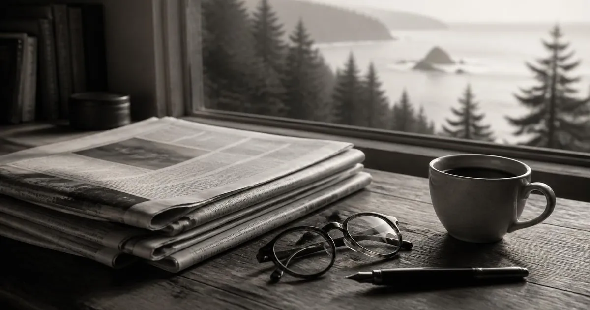 Folded newspapers, reading glasses, a pen and coffee on a desk by a window overlooking a misty Pacific coast