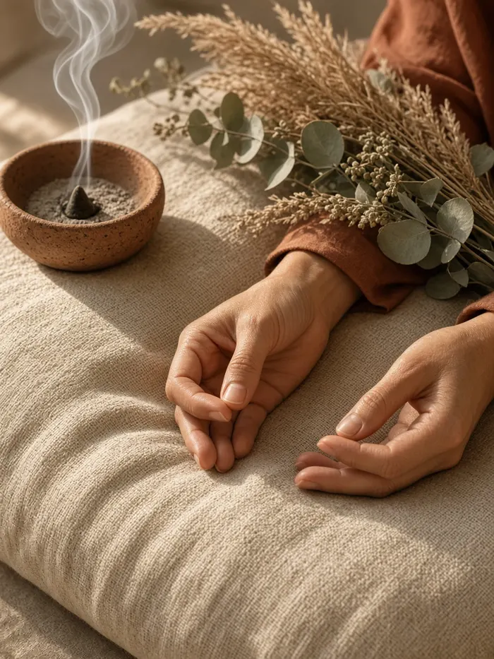 Hands in a mudra beside incense