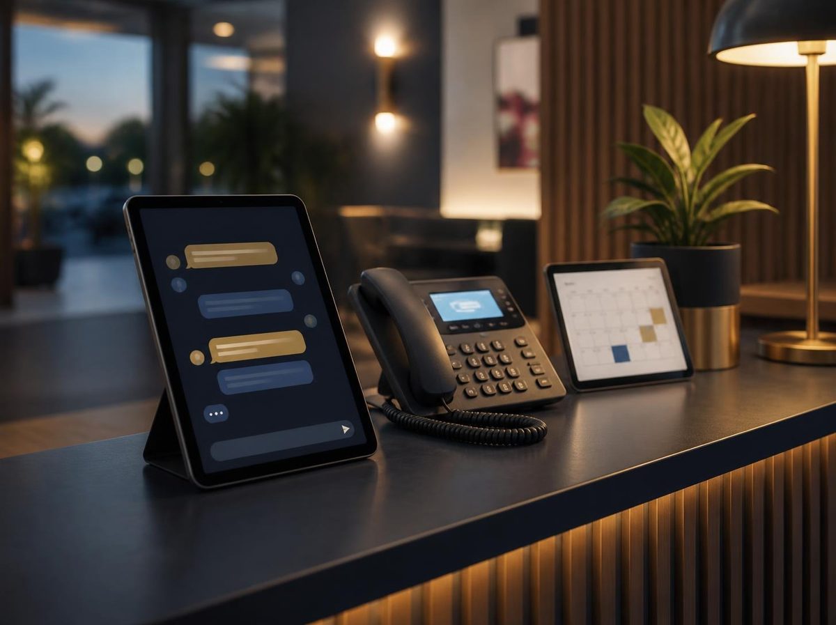 AI front desk with a phone, chat tablet and calendar