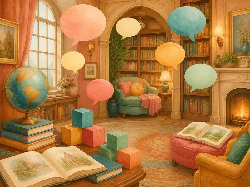 Bright Jason’s Place language room with alphabet blocks and a globe
