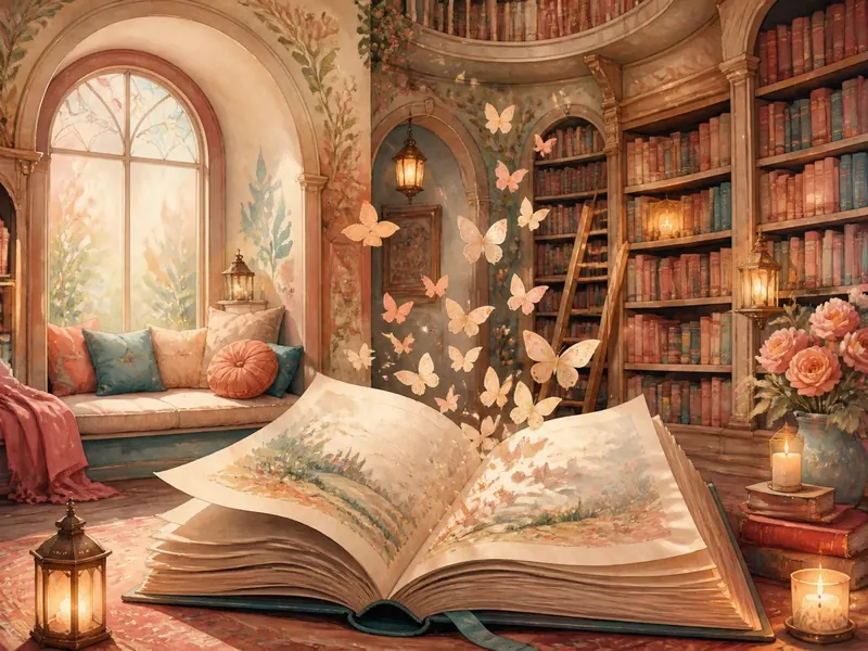 The Jason's Place storybook room with an open book, butterflies and tall bookshelves