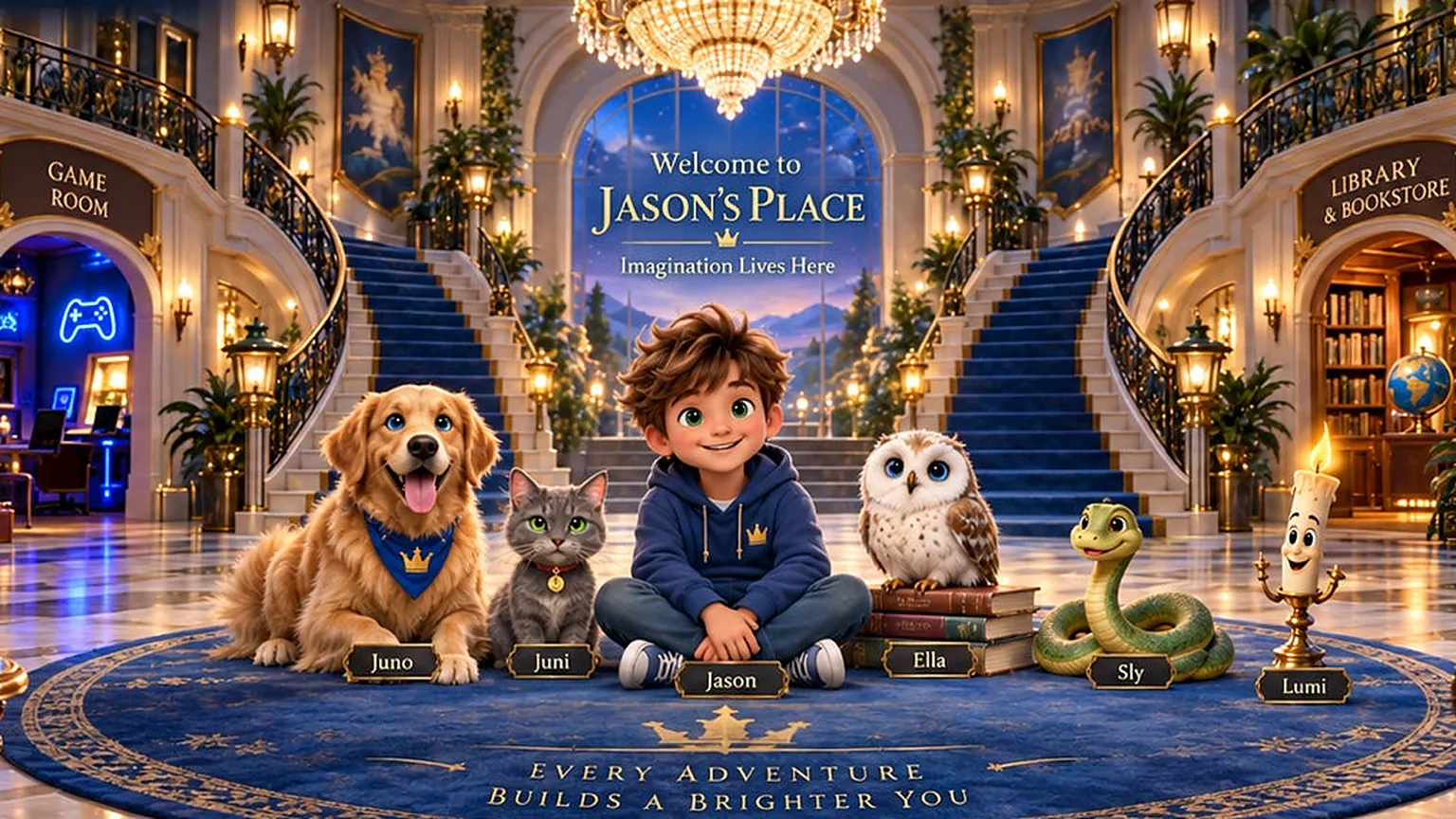 The Jason's Place mansion foyer with Jason and his animal friends under a grand chandelier