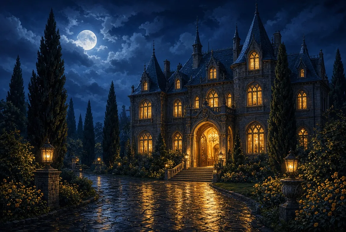 The Mansion Millions mansion lit up at night beside a moonlit reflecting pool