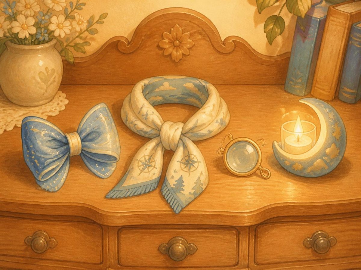 A storybook dresser with a starry bow, explorer scarf, golden monocle and moon candle