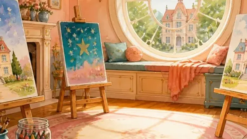 A bright art studio with easels and paint pots in every colour