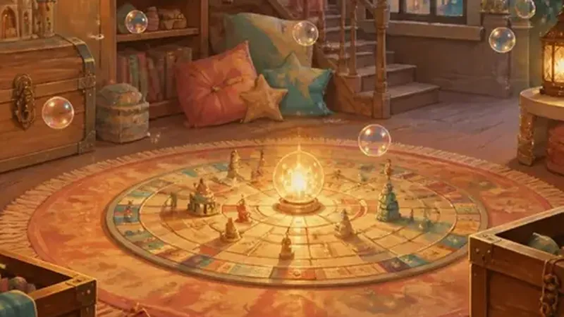 A glowing game board path on the floor of a cozy game room