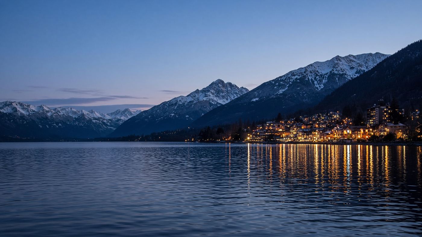 A lit shoreline in a mountain town.