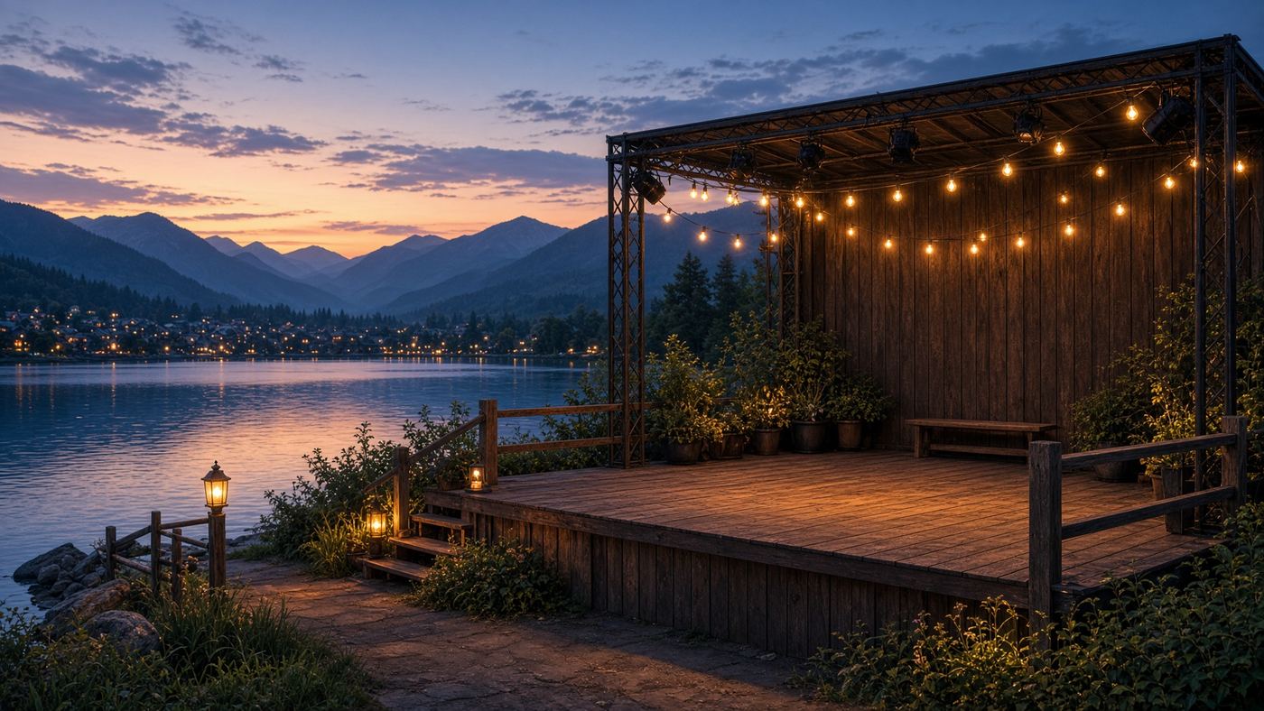 An empty lakeside stage at dusk.