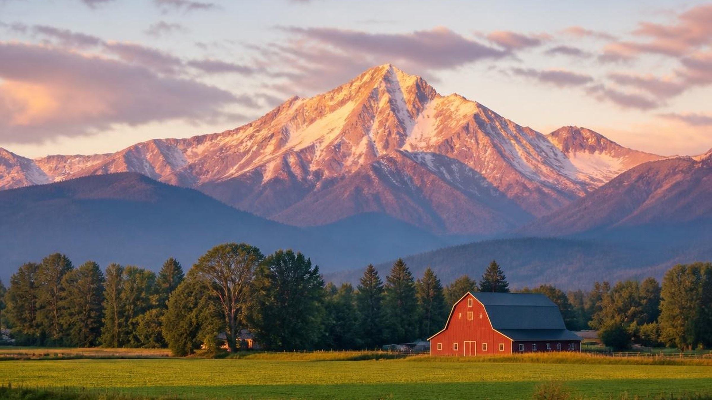 A sunlit mountain and field landscape from Townline’s Chilliwack collection