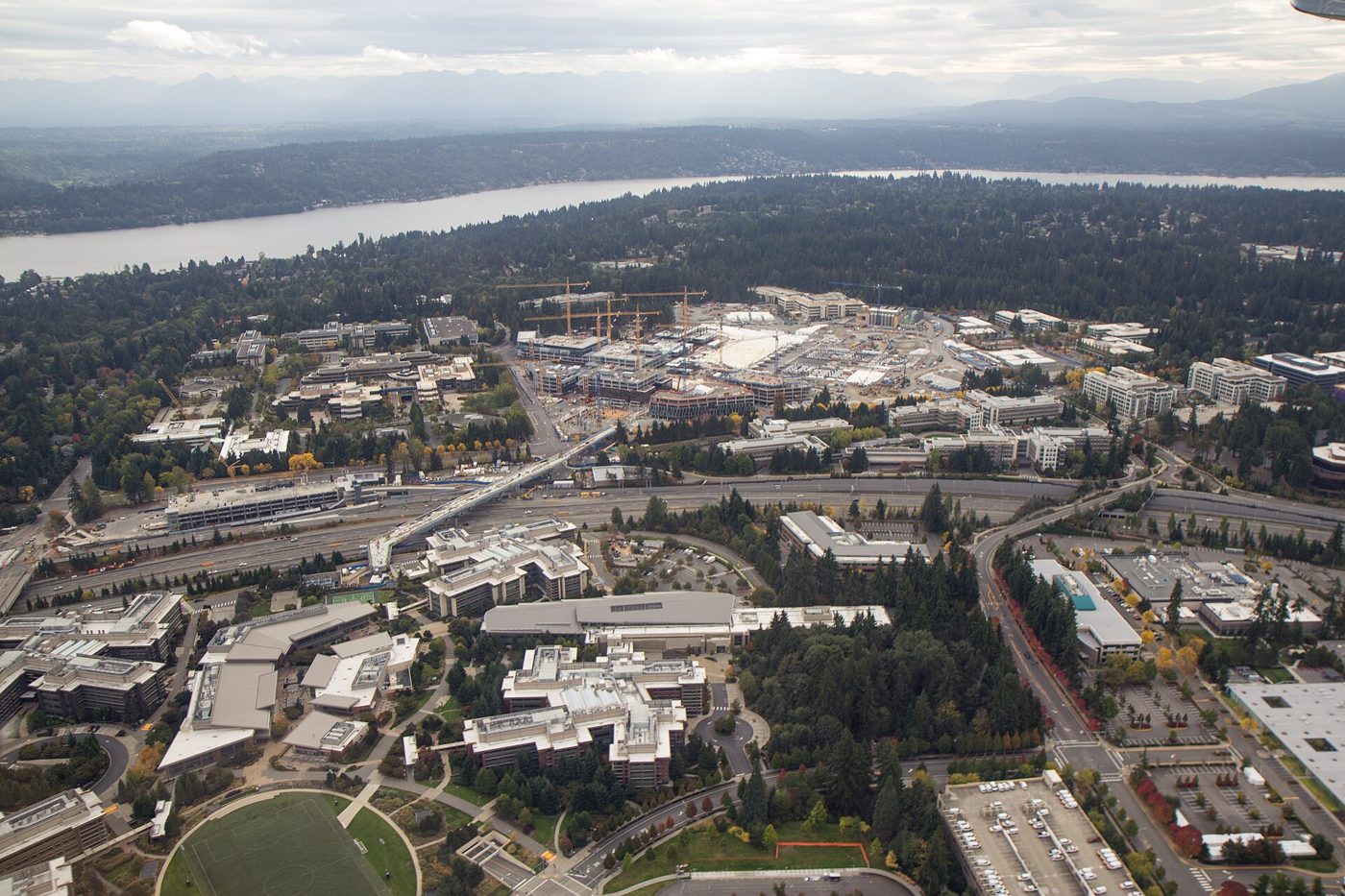 An aerial view of Microsoft's campus in Redmond, Washington