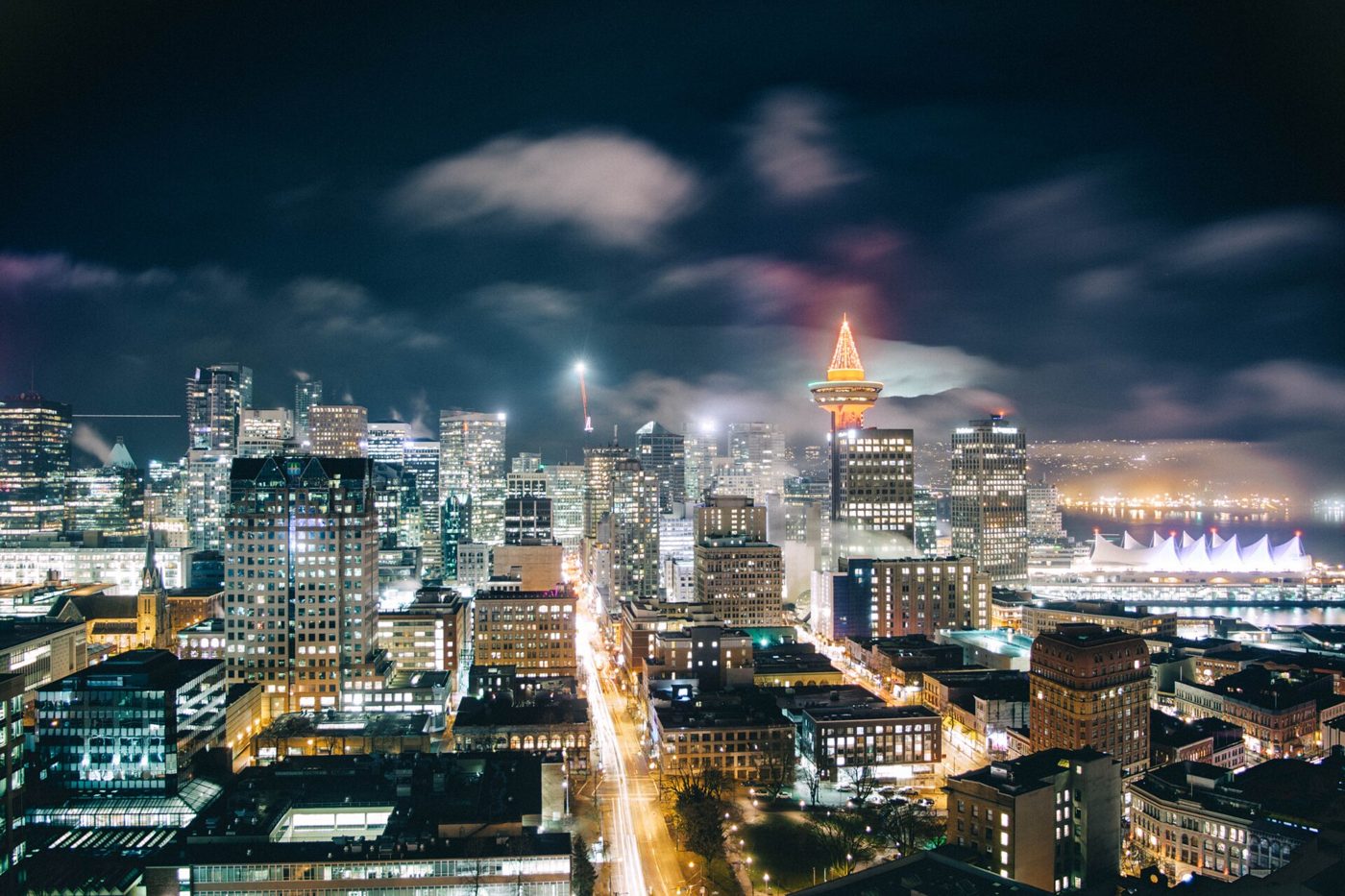 Hornby Street in downtown Vancouver at night