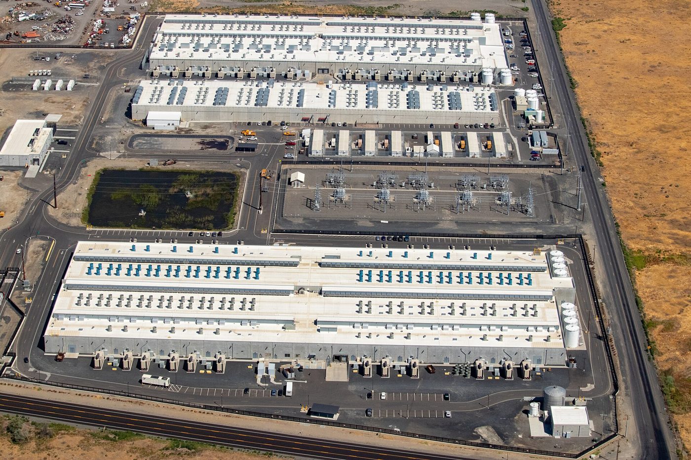 Part of an Amazon Web Services availability zone in Oregon, showing three data centres