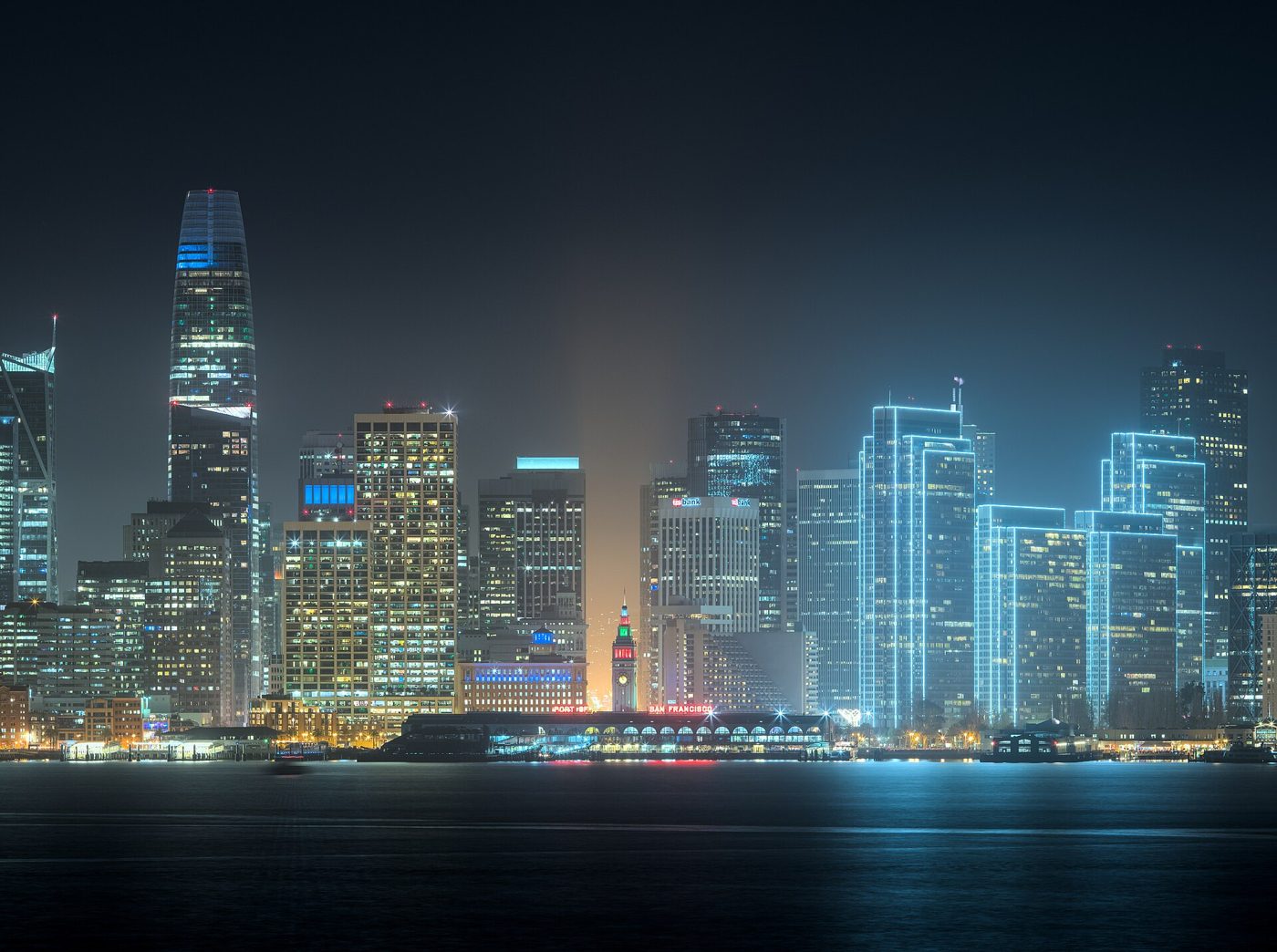 The San Francisco skyline at night, seen from Treasure Island