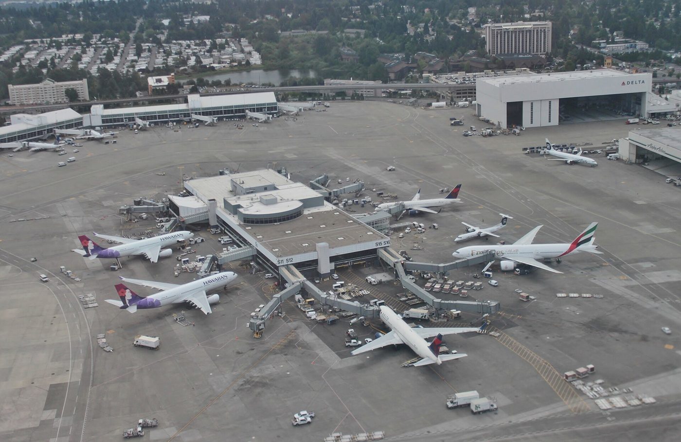 Seattle-Tacoma International Airport's South Satellite terminal from the air