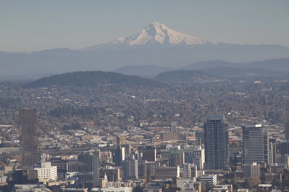 Mount Hood rising behind the Portland, Oregon skyline