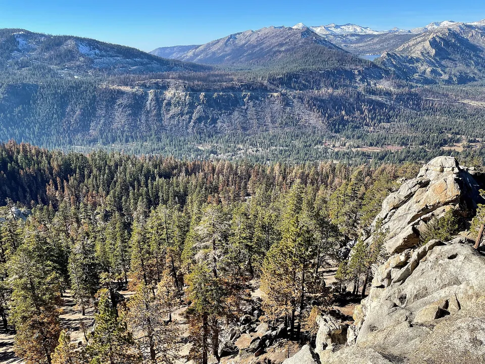 Forested mountain slopes in the Lake Tahoe basin, where homes sit in wildfire country