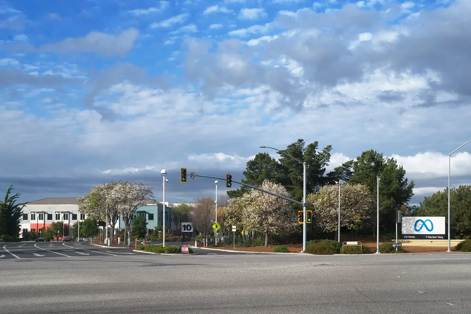 The entrance sign at Meta's headquarters in Menlo Park, California