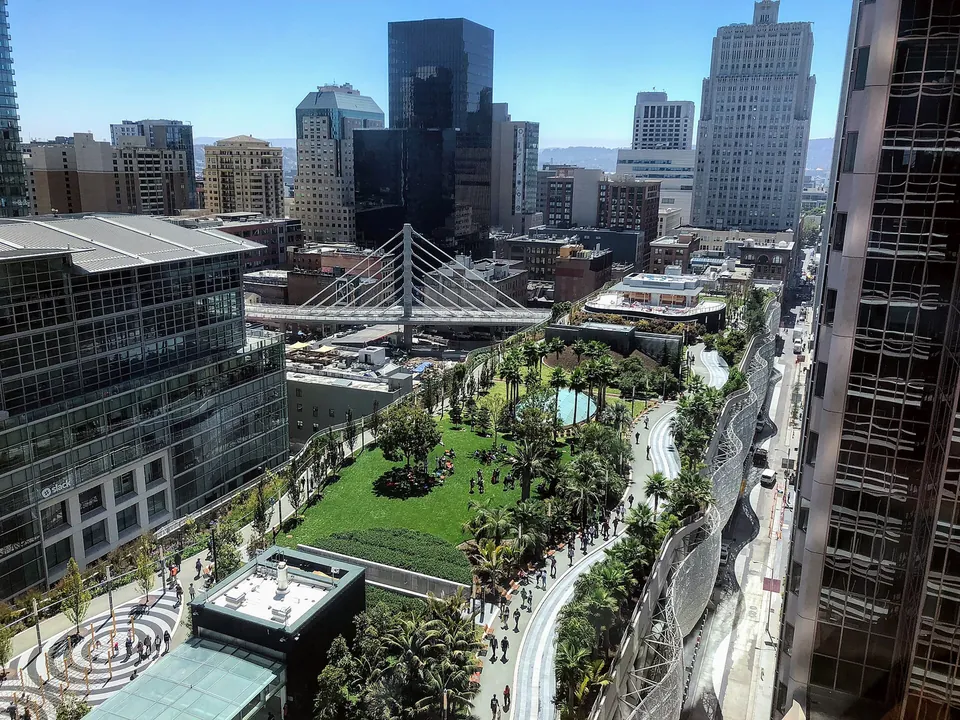 Salesforce Park and its bus bridge seen from above in downtown San Francisco