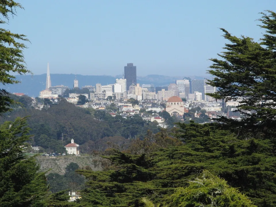 The San Francisco Financial District skyline seen from a hillside