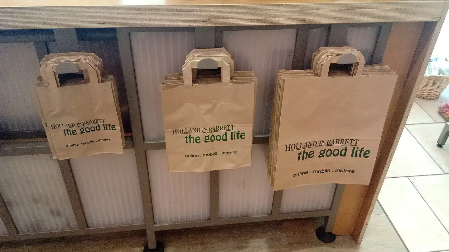 Paper shopping bags of the Holland & Barrett in the Groninger city of Winschoten, Oldambt