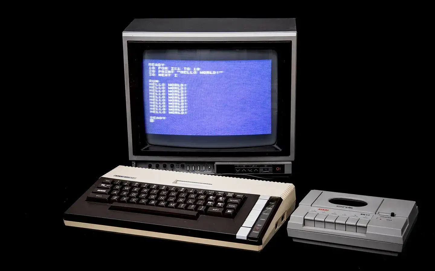 Atari 800 XL home computer with TV screen used as monitor and a tape program recorder XC12