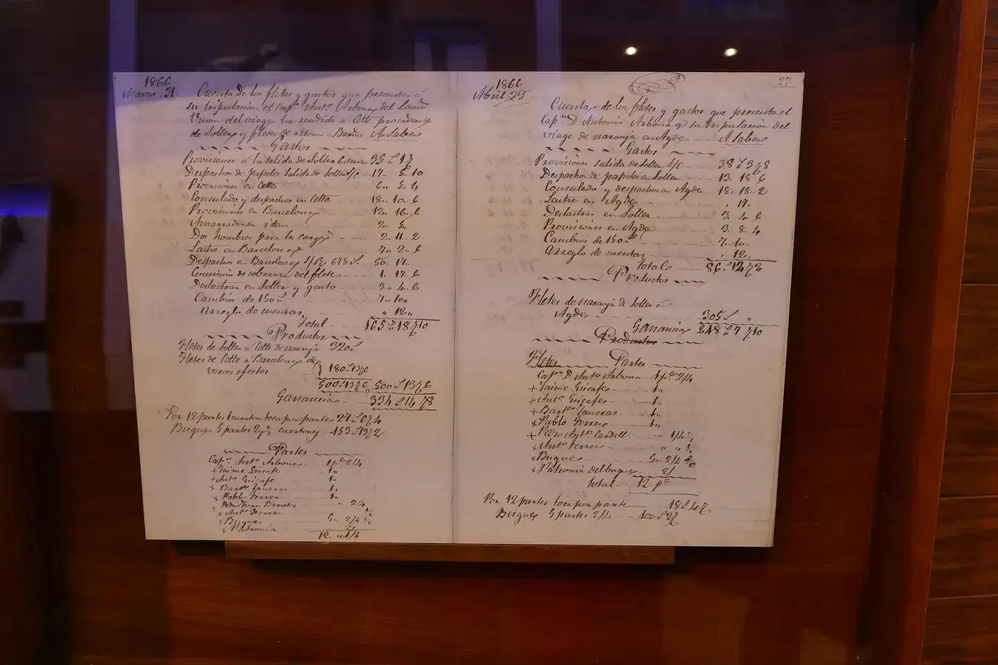 A historic ship's ledger on display at a maritime museum in Sóller, Mallorca