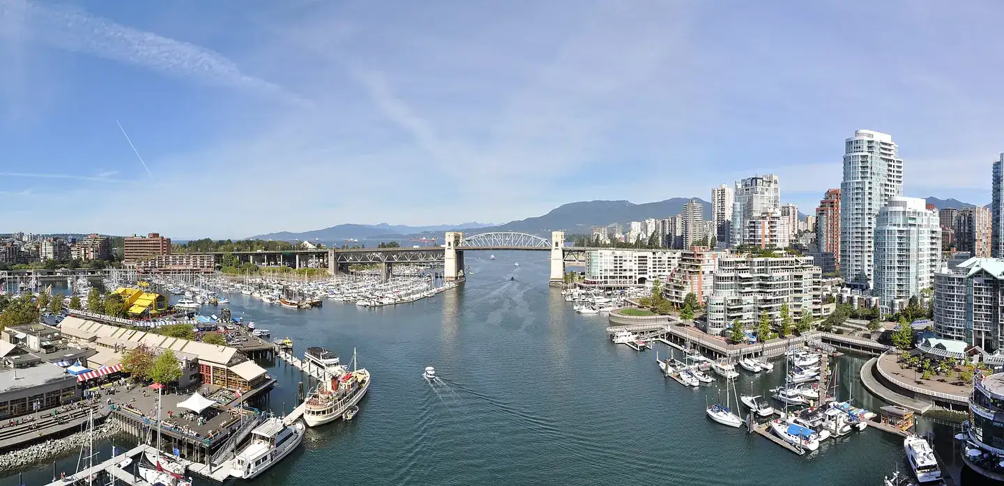 False Creek from Granville Street Bridge, Vancouver, BC. Burrard Street Bridge at center, Granville Island at left