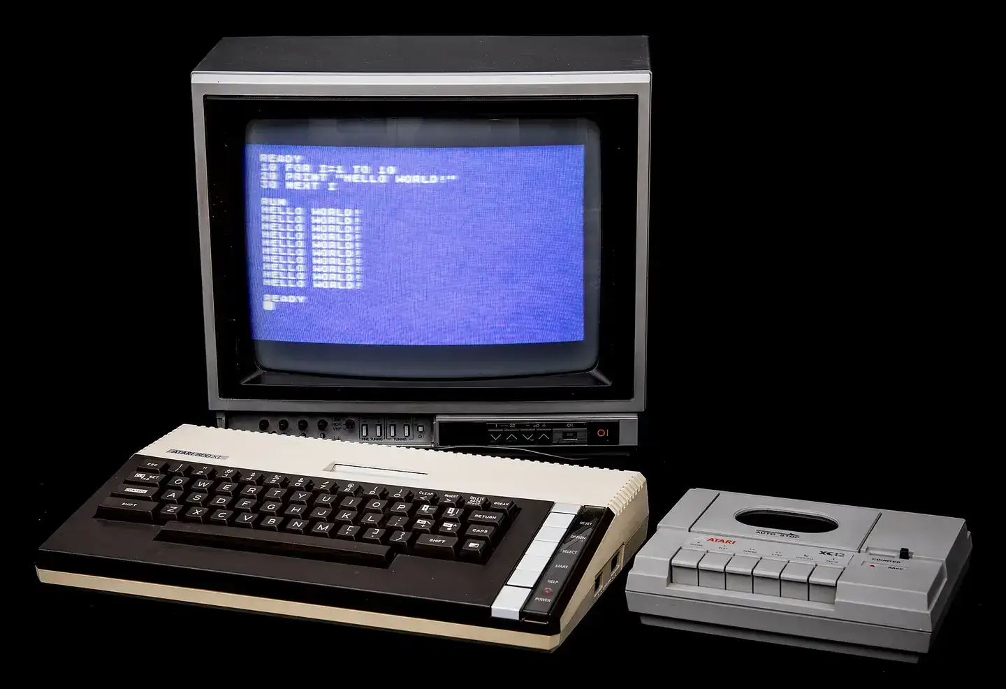 Atari 800 XL home computer with TV screen used as monitor and a tape program recorder XC12