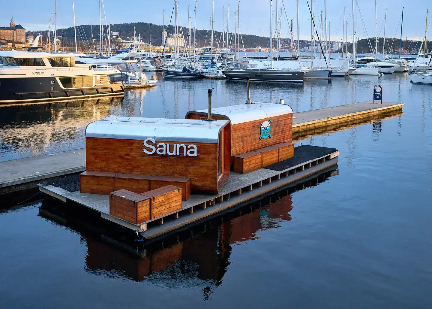 A sauna on a dock in the Tjuvholmen marina of Oslo, Norway, on the afternoon of November 20, 2024