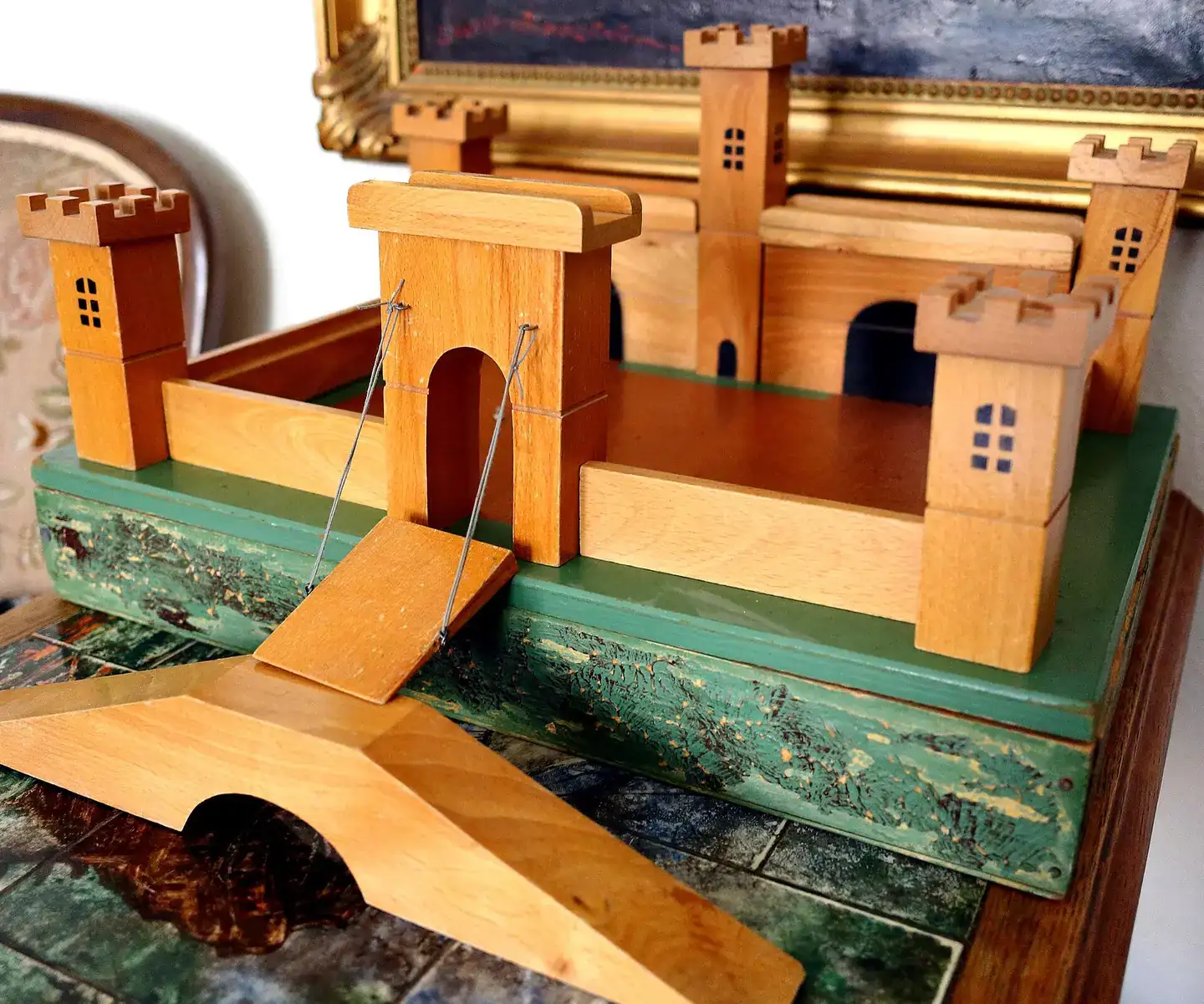 A handmade wooden toy castle