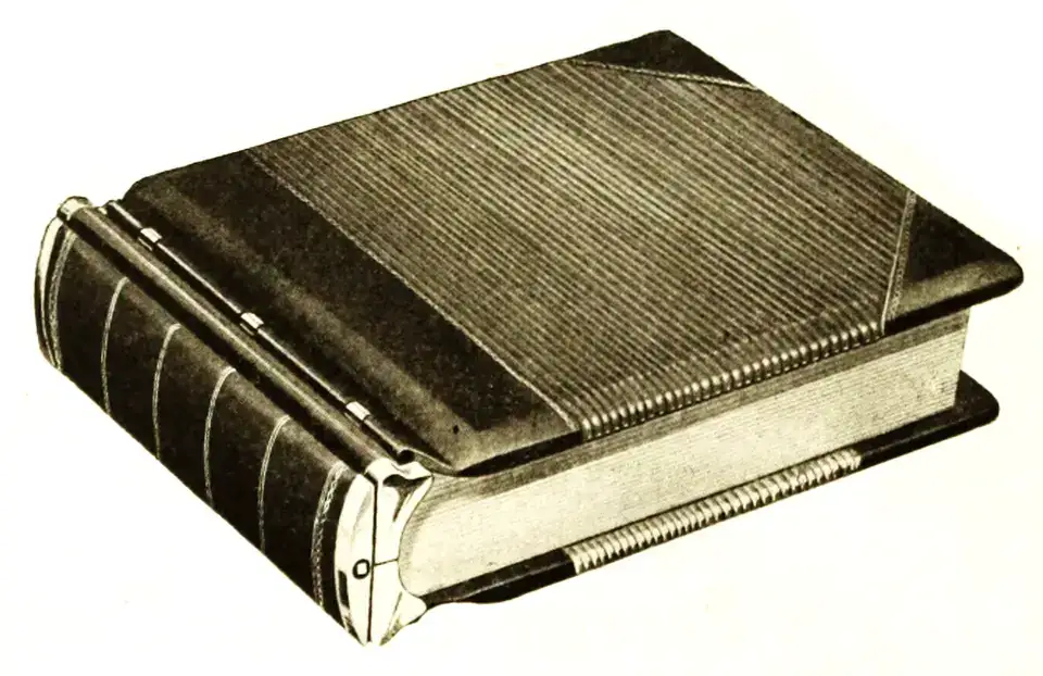 An early advertising illustration of a loose-leaf ledger made in Toronto
