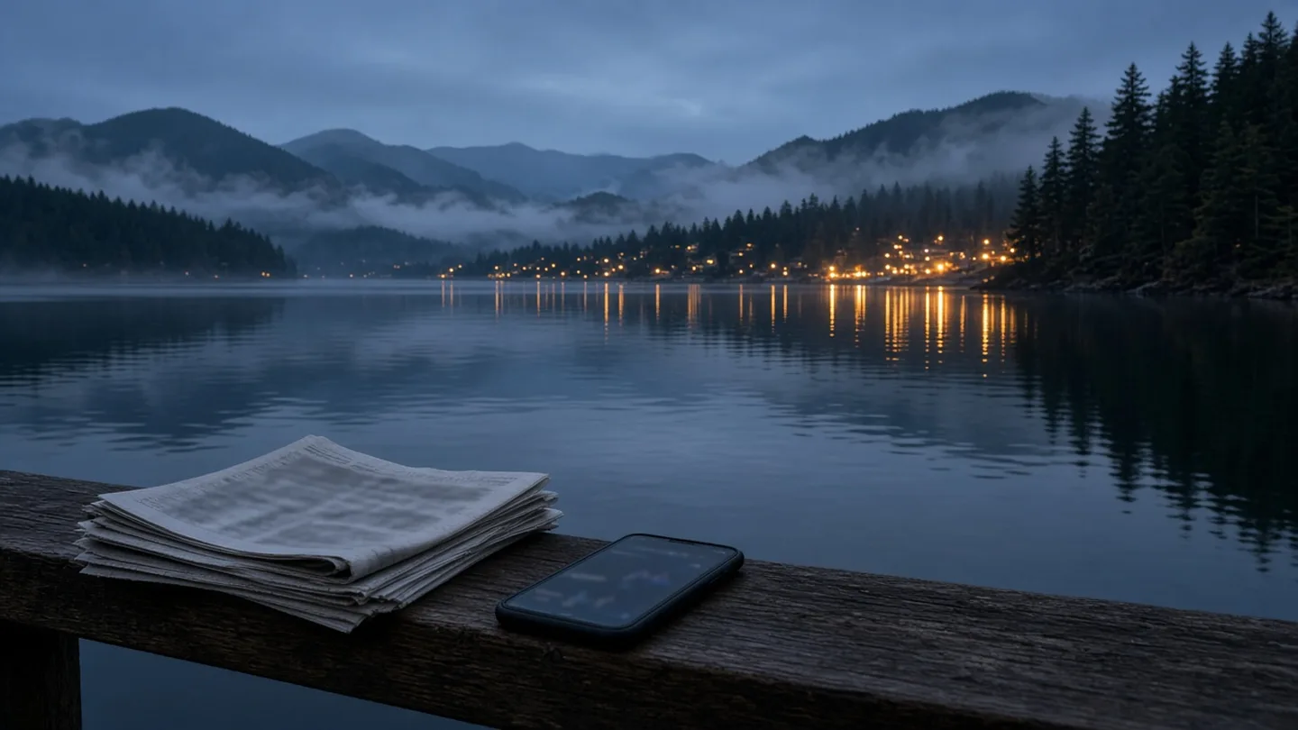 A misty Pacific coastal inlet at blue hour with a folded newspaper and a phone on a dock rail