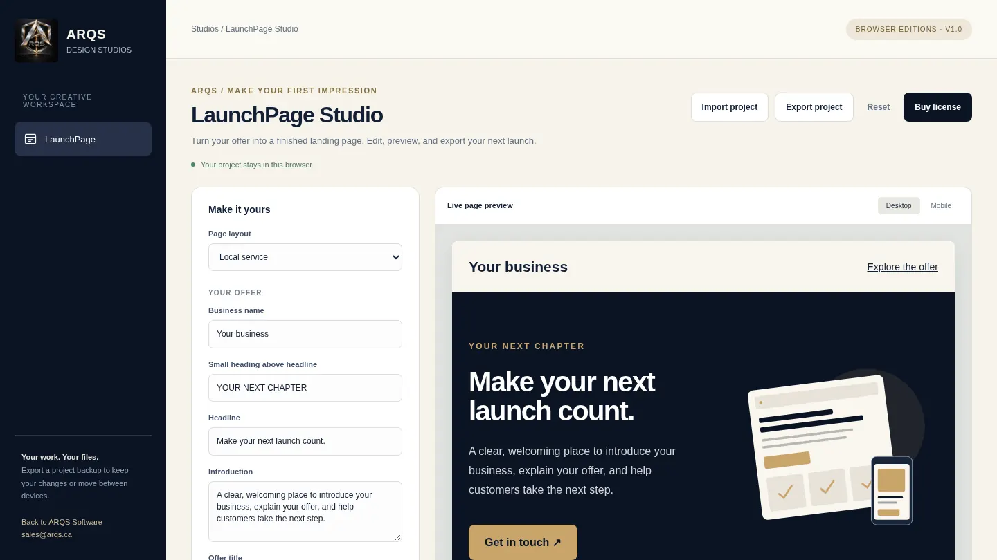 Screenshot of the live page at arqs.ca/software/launchpage-studio