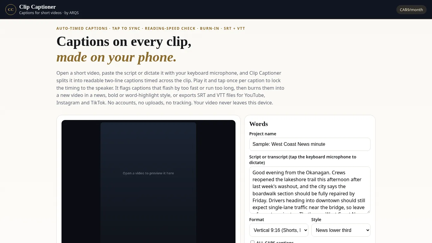 Clip Captioner — captions for short videos by ARQS