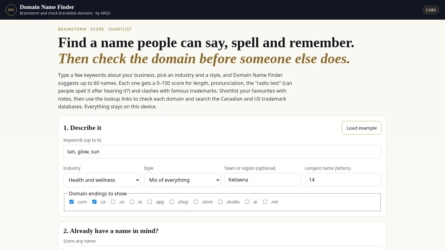 Domain Name Finder — brainstorm and check brandable domains by ARQS