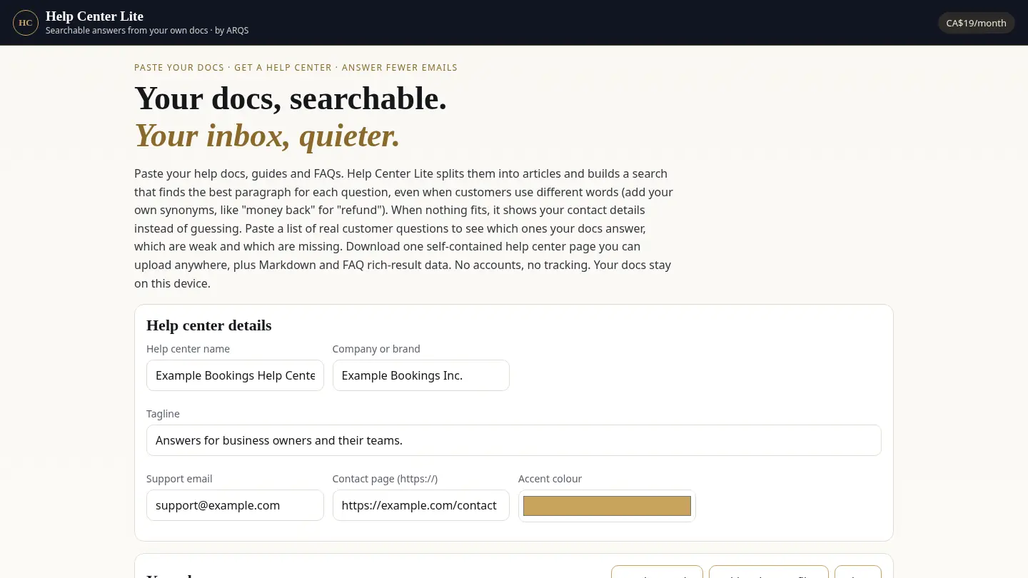 Help Center Lite — searchable help center from your docs by ARQS