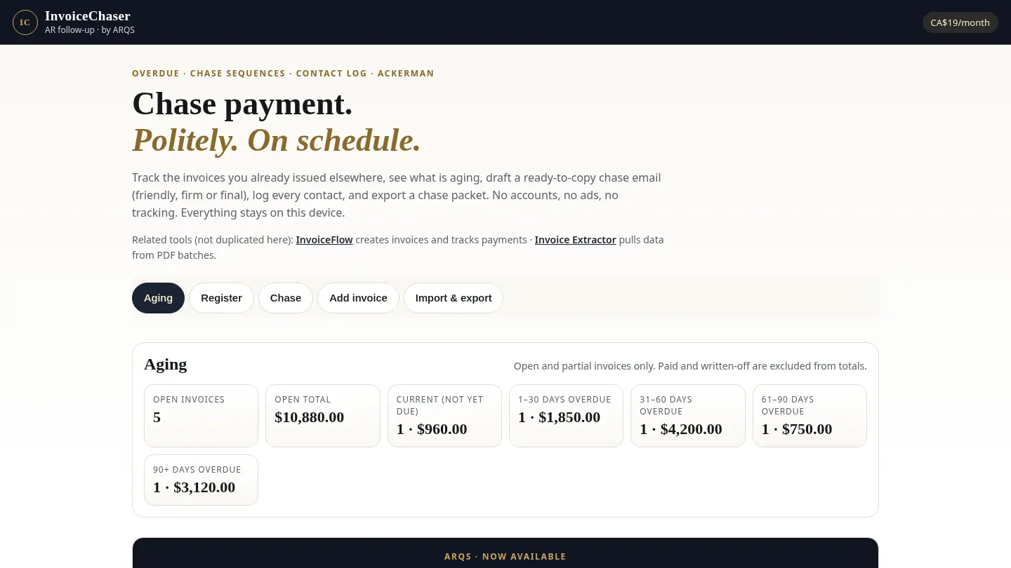 InvoiceChaser — accounts-receivable follow-up tool by ARQS