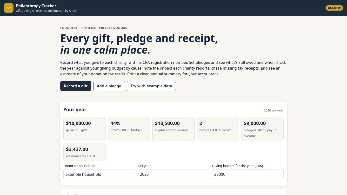 Philanthropy Tracker — gifts, pledges, receipts and impact for Canadian donors by ARQS