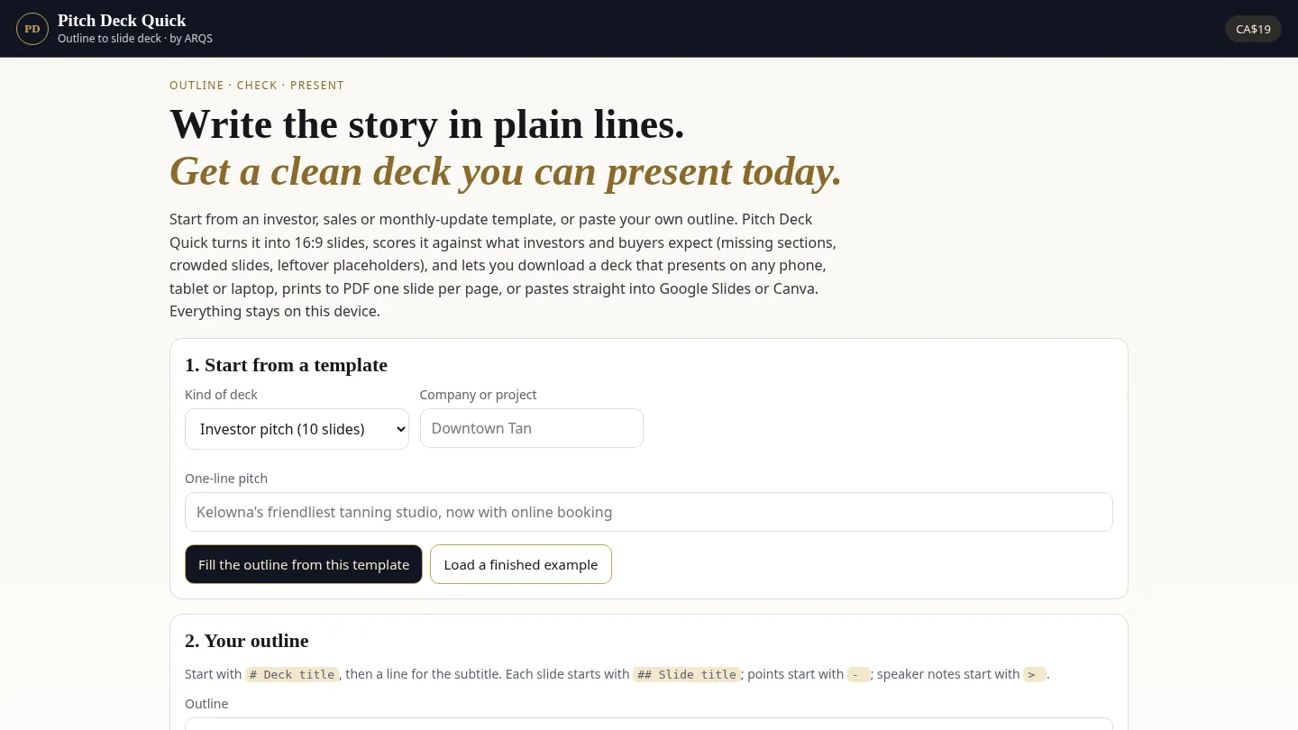Pitch Deck Quick — outline to slide deck by ARQS