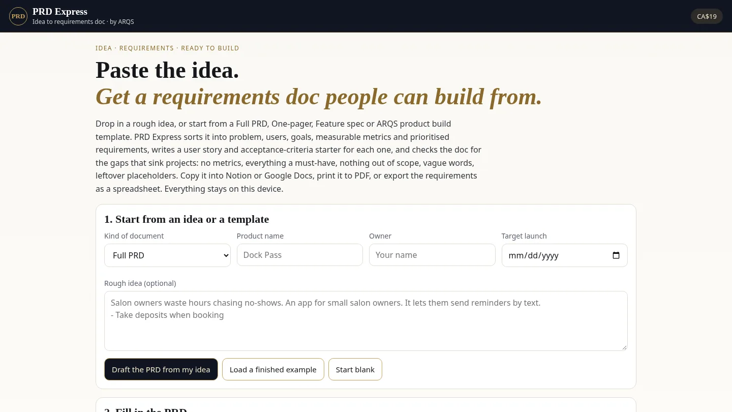PRD Express — idea to product requirements doc by ARQS