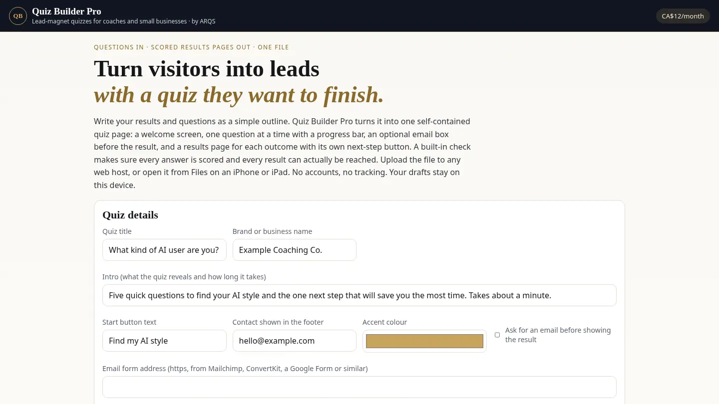 Quiz Builder Pro — lead-magnet quizzes with results pages by ARQS