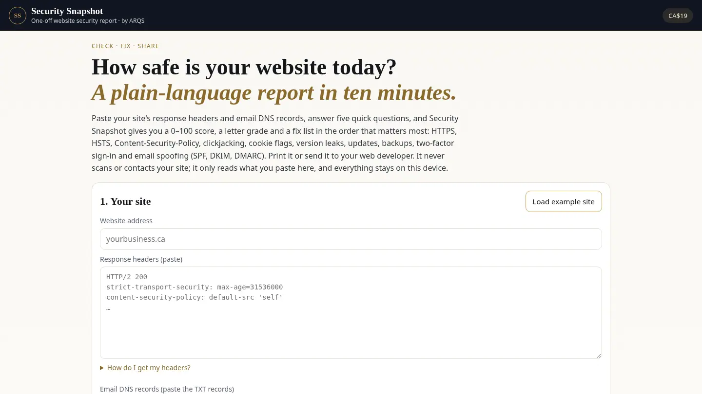 Security Snapshot — one-off website security report by ARQS