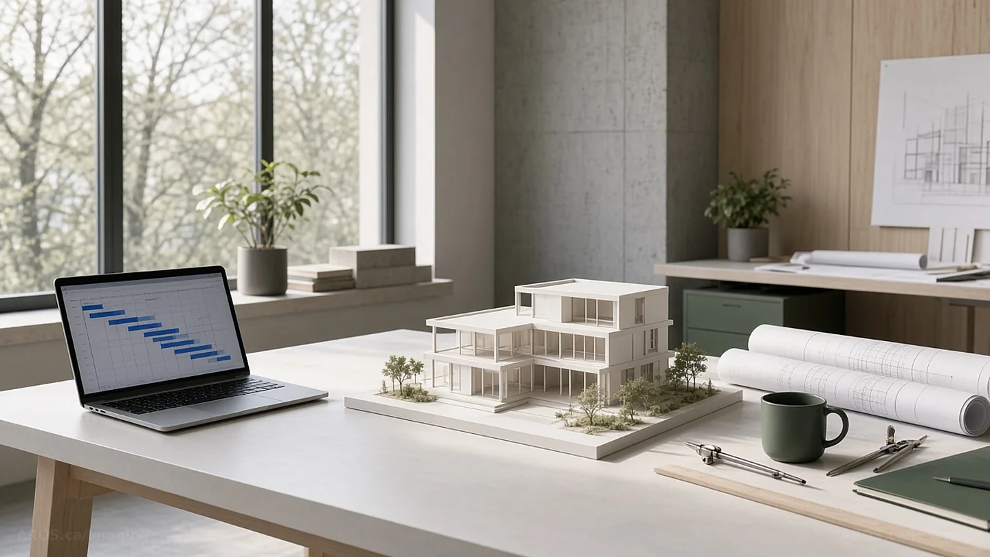 An architecture studio table with a white scale model, blueprints and a laptop