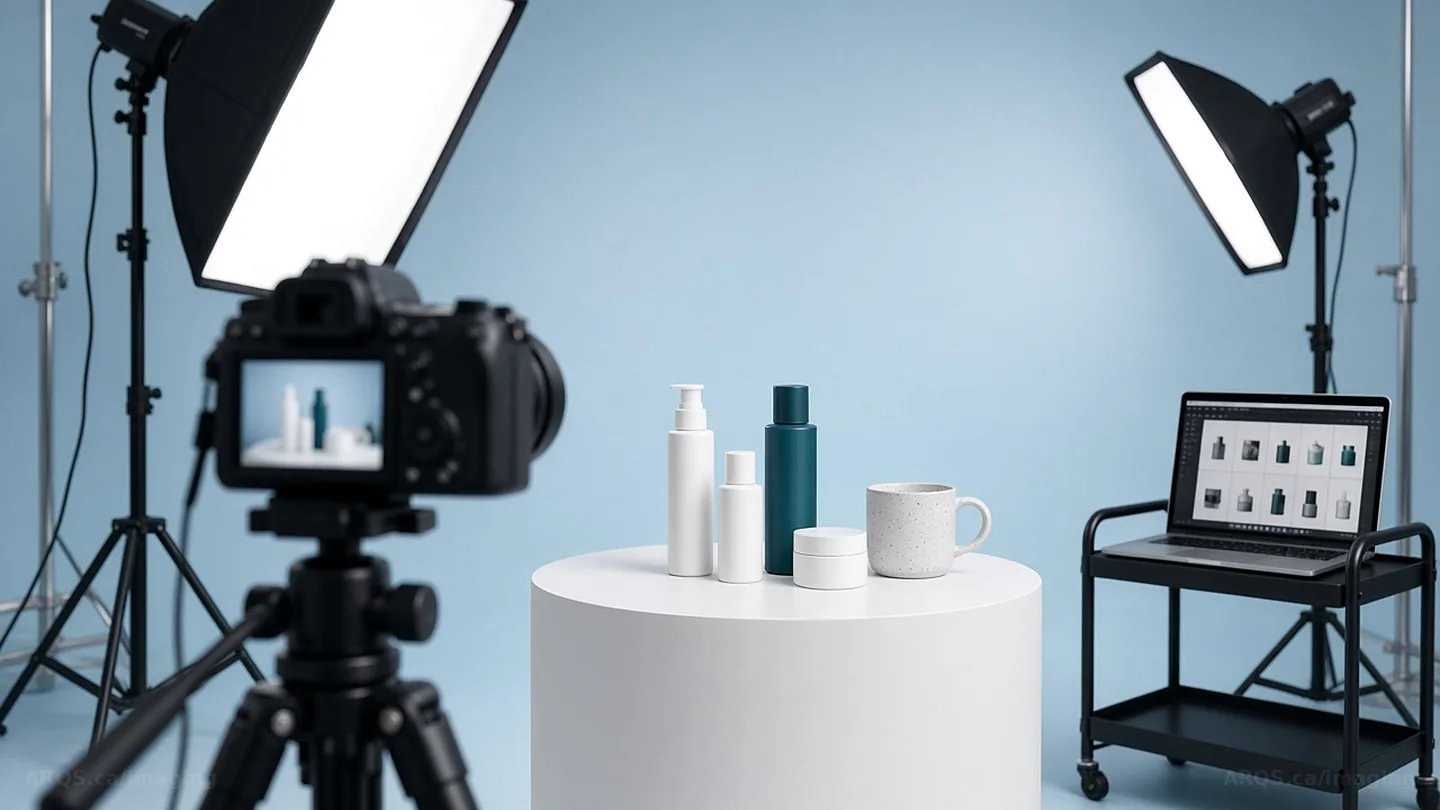 A product photography studio with softbox lights, a camera and products on a pedestal