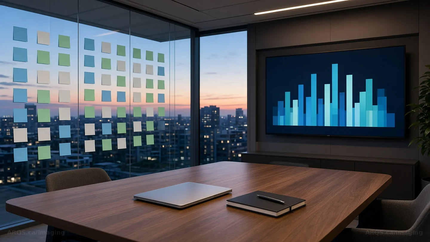 An empty project room with sticky notes on glass and a status screen