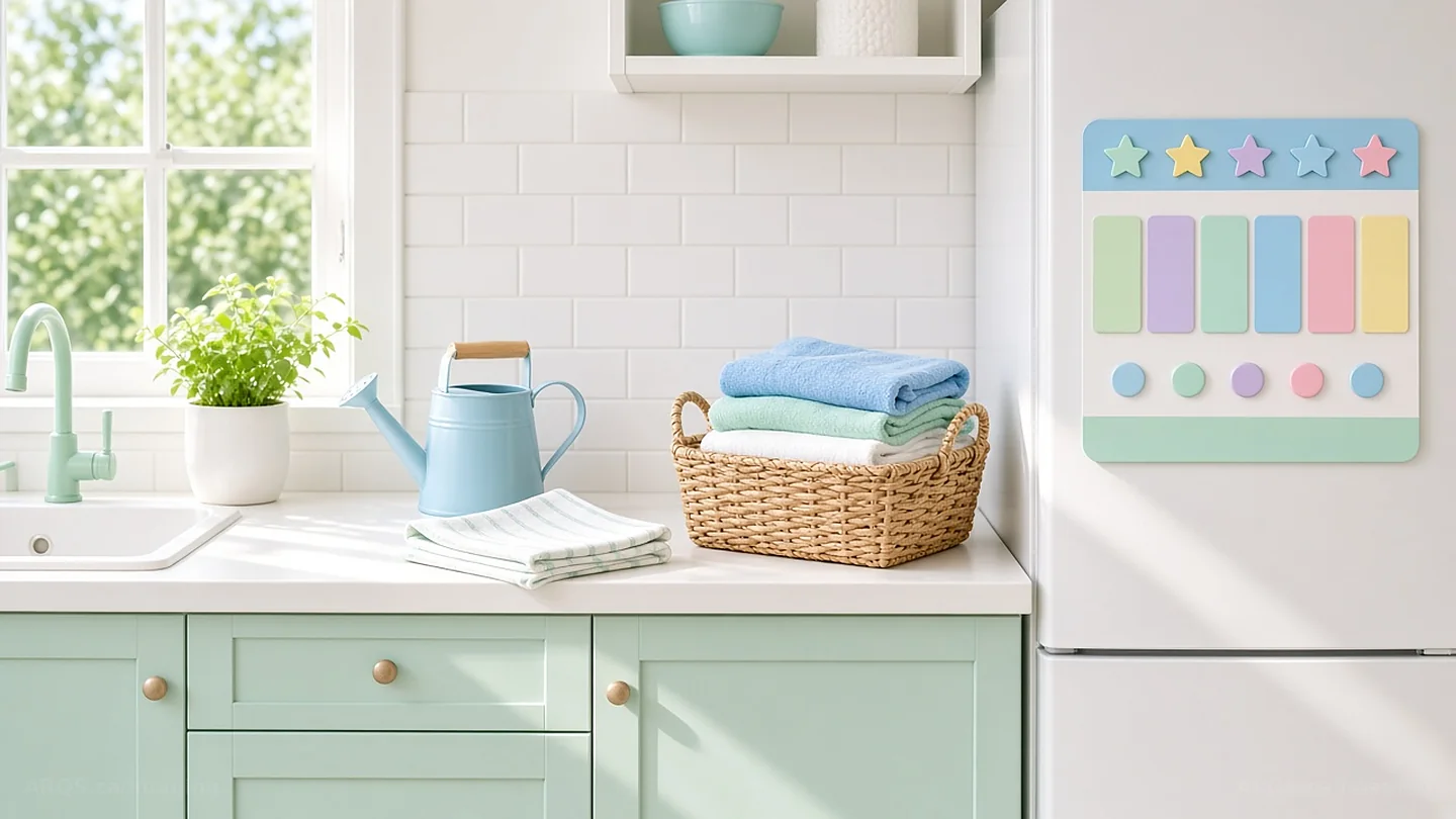 A bright family kitchen with a colourful chore board on the fridge