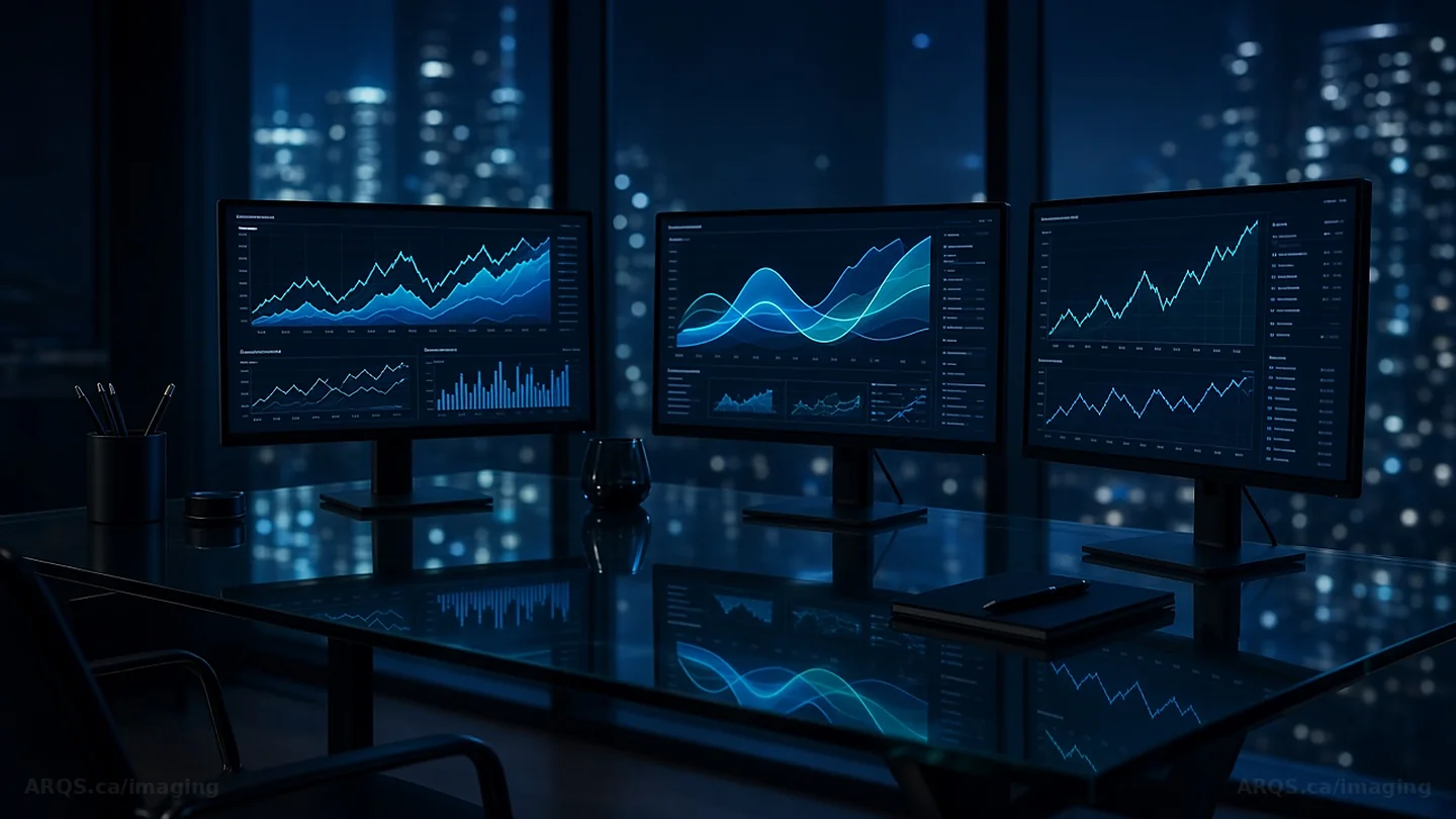 A research desk at night with three monitors showing market charts