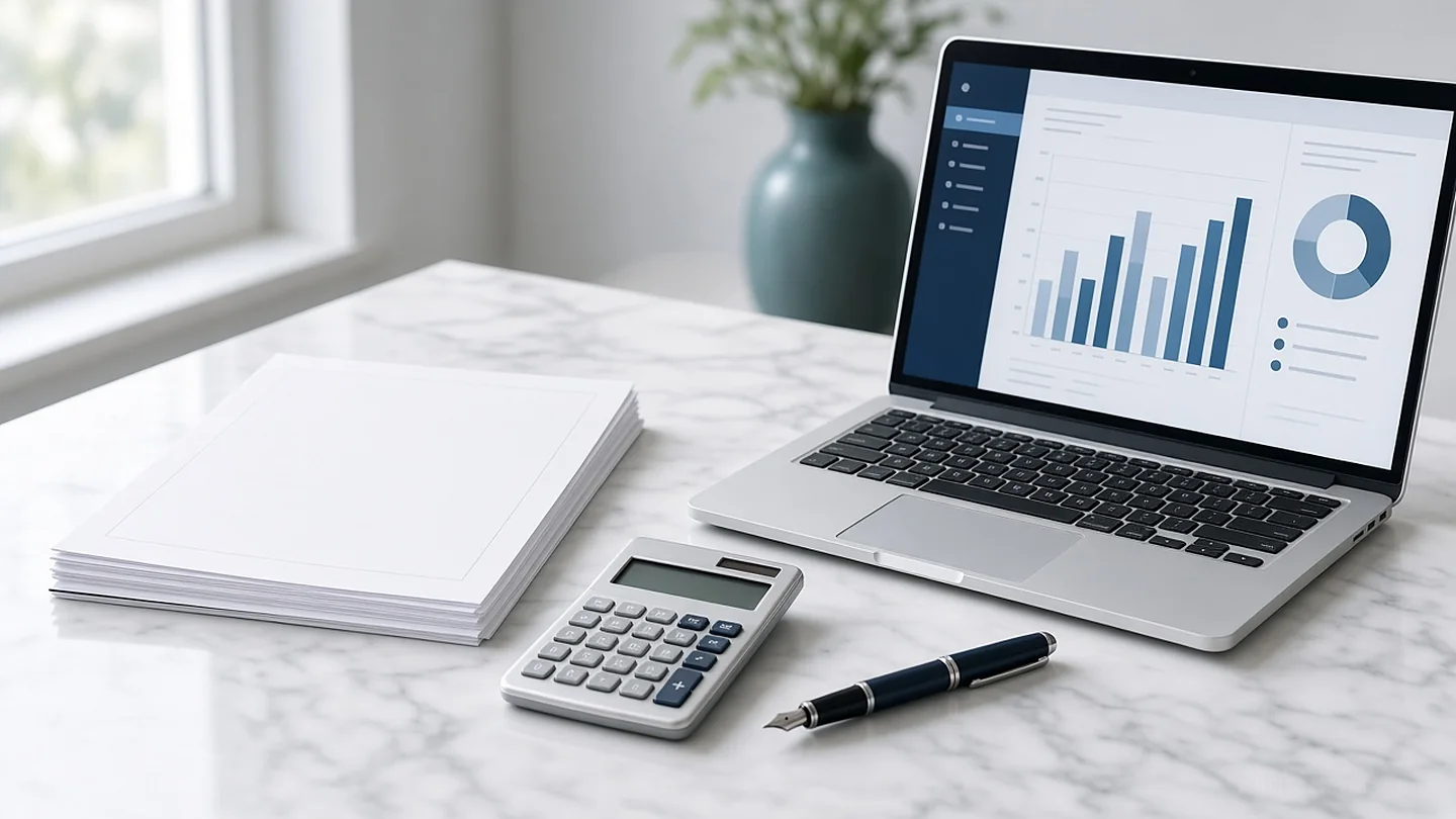 Blank invoices, a calculator, a pen and a laptop on a marble desk